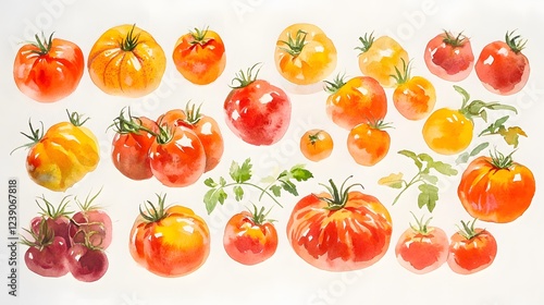 Watercolor Painting of Assorted Tomatoes Various Colors and Sizes