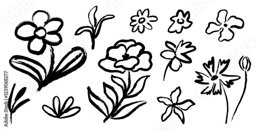 Simple linear flowers on isolated background. Hand drawn botanical illustrations. Doodle flowers and leaves cliparts. Ink drawing wild plants and herbs