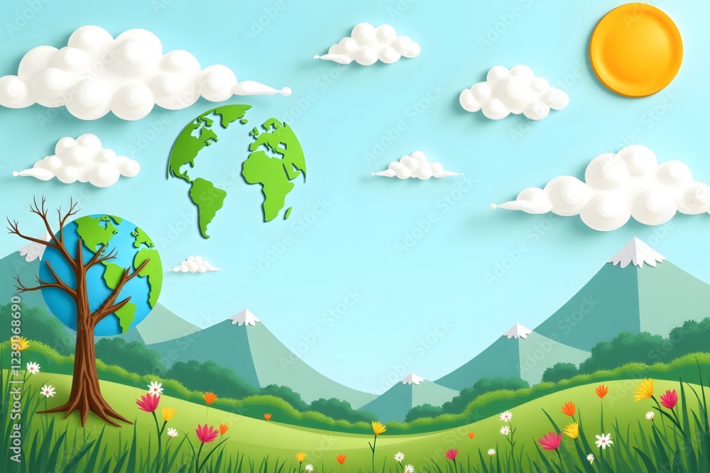 Naklejka premium Colorful nature landscape with earth, sun, and mountains in a vibrant spring scene
