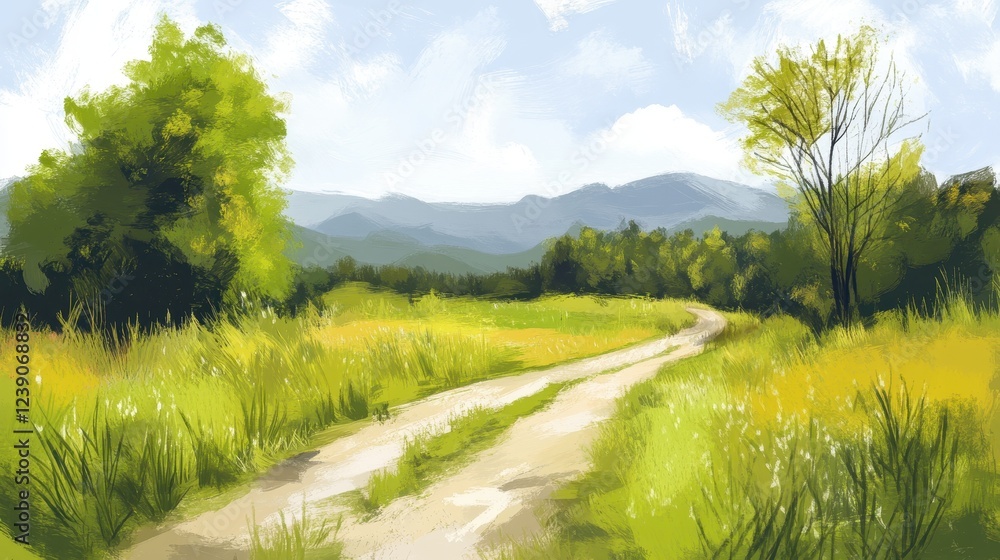 Fototapeta premium Serene Country Road Winding Through Lush Green Fields And Mountains
