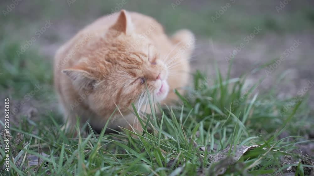 A ginger cat eats grass outdoors. A ginger cat eats grass outdoors.