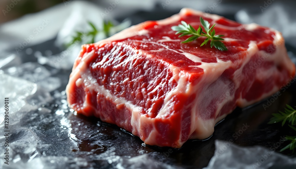 Premium Raw Beef Steak on Ice Closeup Premium Raw Beef Steak on Ice Closeup
