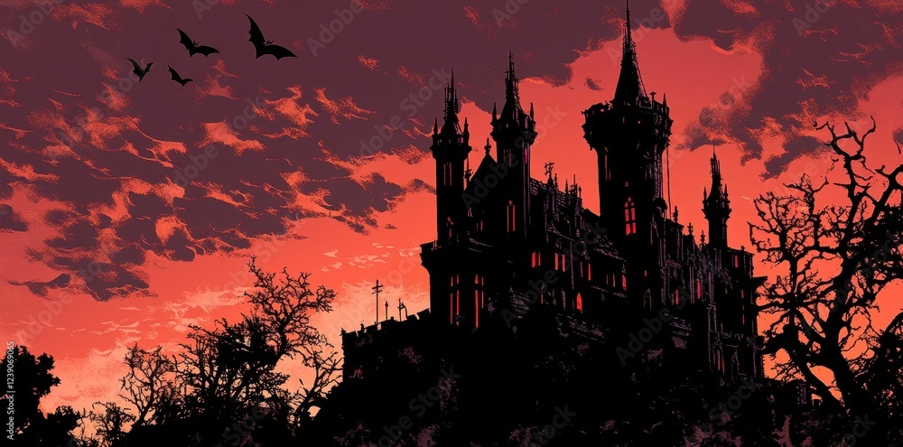 Gothic Castle Silhouette Against a Fiery Sunset Sky Gothic Castle Silhouette Against a Fiery Sunset Sky