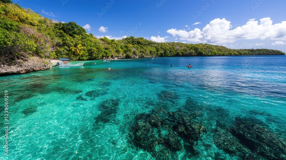 A tranquil coastal scene featuring clear turquoise waters, rocky formations, and lush greenery under a bright blue sky. A tranquil coastal scene featuring clear turquoise waters, rocky formations, and lush greenery under a bright blue sky.