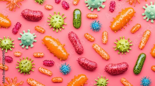 Wallpaper Mural A vibrant pattern of colorful microbes and bacteria on a pink background, showcasing a variety of shapes and sizes. Torontodigital.ca
