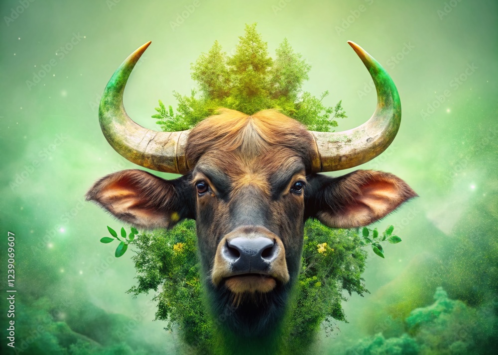 Naklejka premium Majestic Indian Guar: Double Exposure Horned Close-Up