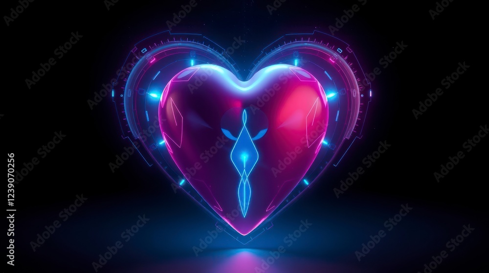 Neon Heart Digital Art Glowing Pink Blue Tech Neon Heart Digital Art Glowing Pink Blue Tech