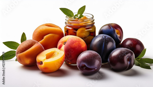 fermented fruits like pickled plums and peaches isolated on white highlighting their rich flavors and natural preservation photo