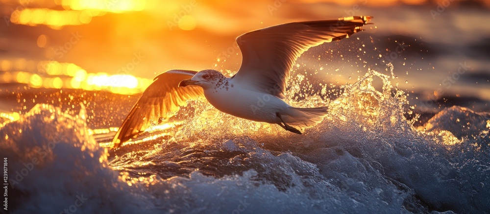 Naklejka premium Golden Sunset Flight: A Seagull's Graceful Soar Over Ocean Waves
