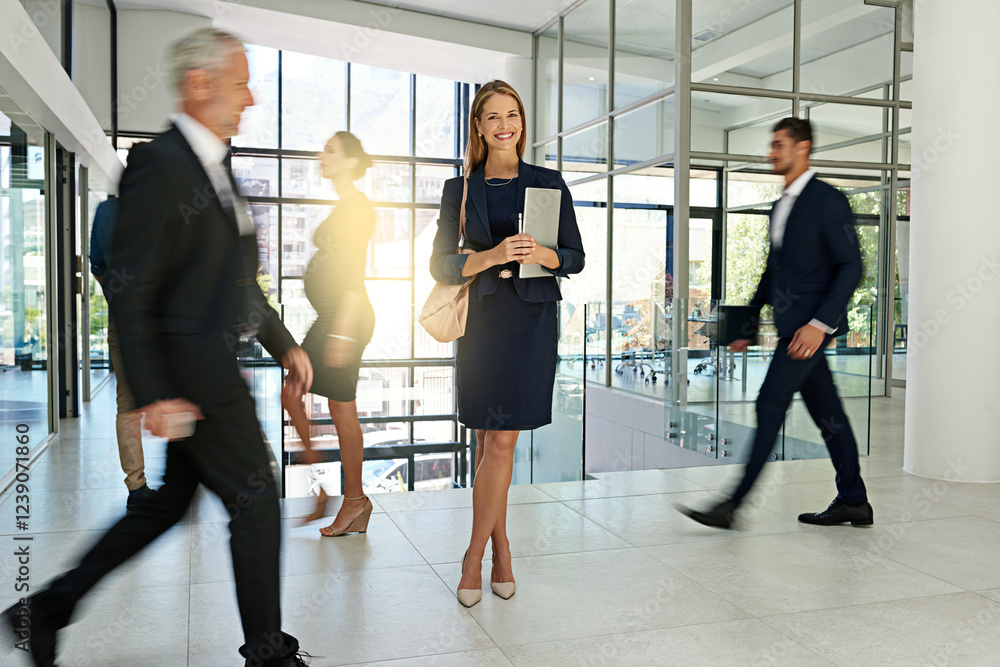 Fototapeta premium Business people, tablet and portrait of woman in office for legal counselor and coworking. Professional, corporate solicitor and men and women in law firm for movement, lawyers and walking in lobby