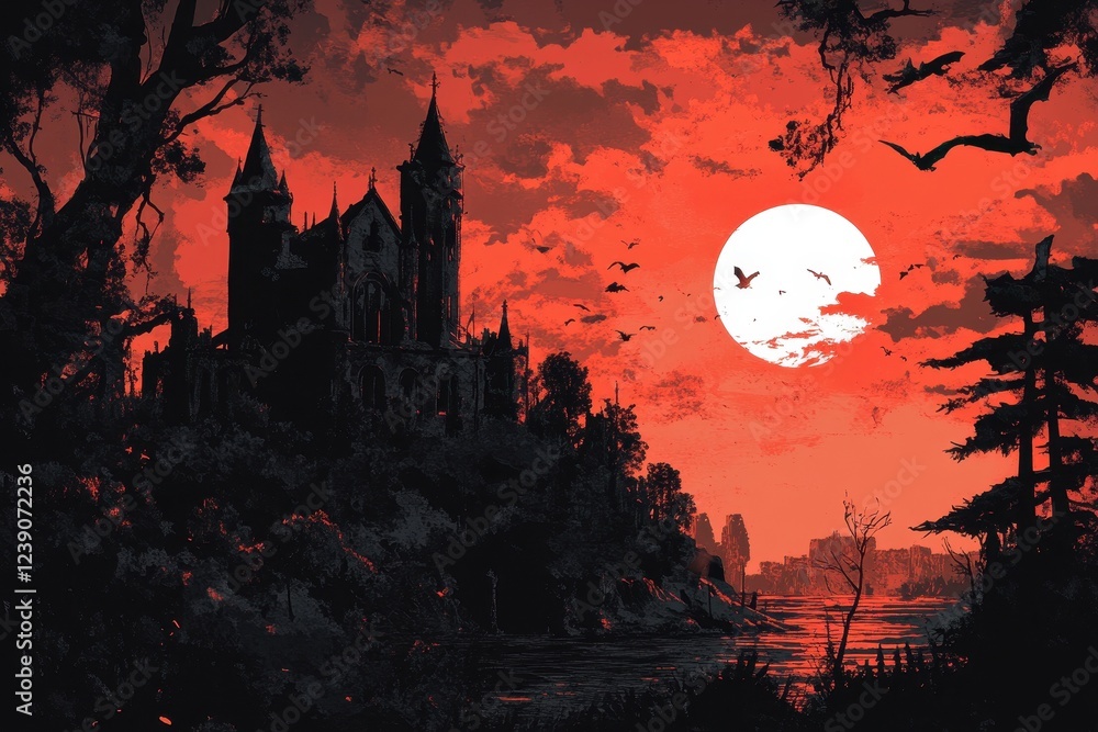 Gothic Castle Silhouette at Blood Red Sunset Gothic Castle Silhouette at Blood Red Sunset