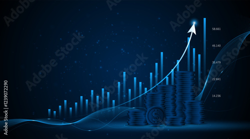 Stack of coins and financial growth graph of business or profitable investment idea. The arrow increases the future growth of the company.
