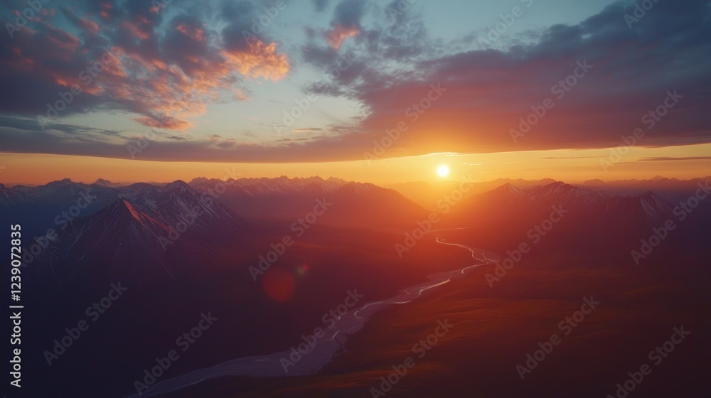 Majestic Sunset Over Mountain Range And River Valley Majestic Sunset Over Mountain Range And River Valley