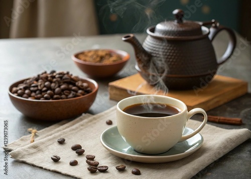 Warm cup of coffee with coffee pot