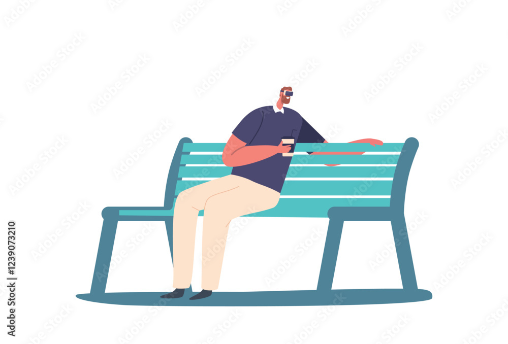 custom made wallpaper toronto digitalVr Technologies Concept. Male Character in Headset Sitting on Bench with Coffee Cup in Hand Isolated on White Background