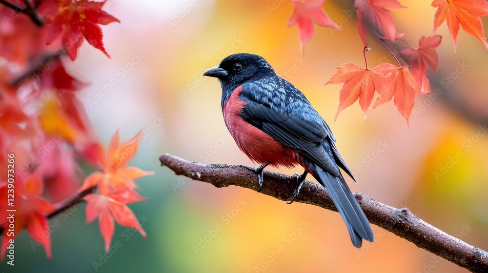 Fototapeta premium Crimson Breasted Bird Autumn Perch - A vibrant bird, perched on a branch amidst autumn leaves, symbolizes nature's beauty, tranquility, change, freedom and hope.