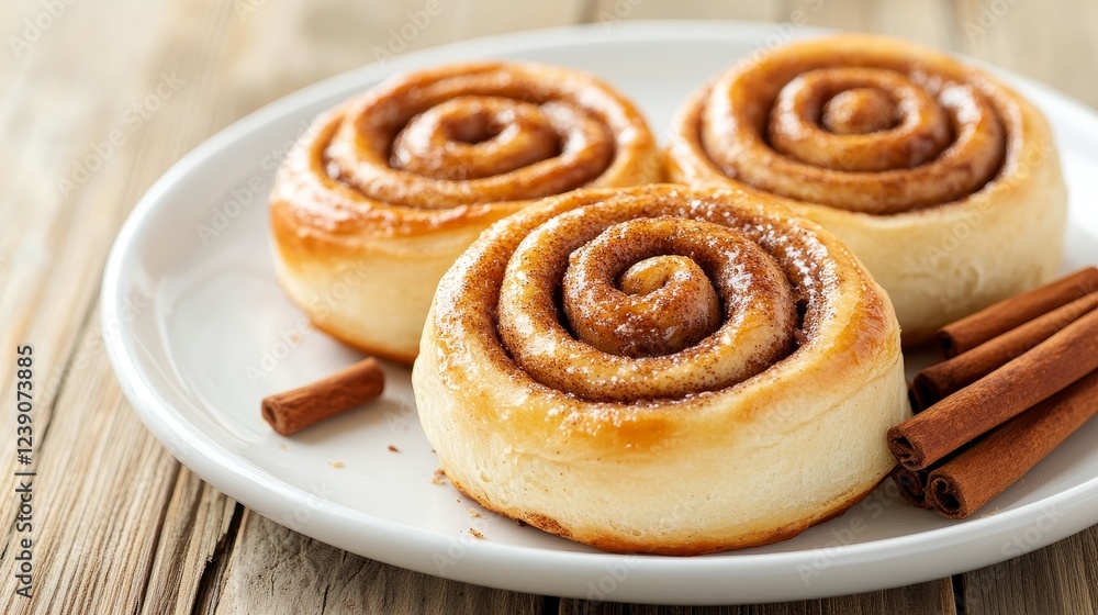 Delicious Cinnamon Rolls on White Plate - Three golden-brown cinnamon rolls, dusted with sugar, sit on a white plate alongside cinnamon sticks. A rustic wooden background enhances the image. Delicious Cinnamon Rolls on White Plate - Three golden-brown cinnamon rolls, dusted with sugar, sit on a white plate alongside cinnamon sticks. A rustic wooden background enhances the image.