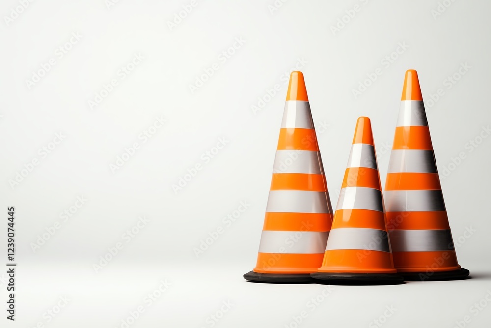 Three orange traffic cones on a white background, symbolizing safety and construction. Three orange traffic cones on a white background, symbolizing safety and construction.