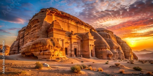 Majestic Nabataean Tombs of Mada'in Saleh at Sunset, AlUla, Saudi Arabia photo