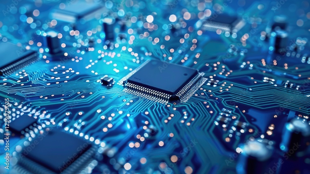 Fototapeta premium Vibrant Blue Circuit Board With Multiple Chips