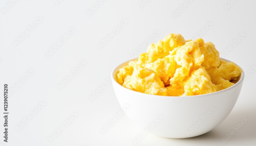 Perfectly cooked scrambled eggs with a buttery yellow hue, piled high in a simple white dish for a comforting morning meal Perfectly cooked scrambled eggs with a buttery yellow hue, piled high in a simple white dish for a comforting morning meal