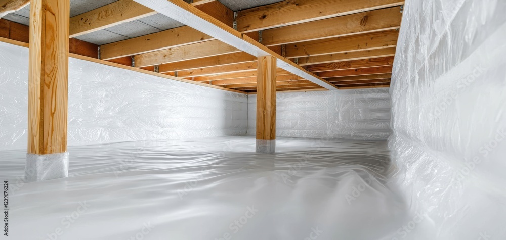 Sealed crawl space with a white plastic barrier and exposed wooden beams, ideal for preventing moisture buildup and improving air quality Sealed crawl space with a white plastic barrier and exposed wooden beams, ideal for preventing moisture buildup and improving air quality
