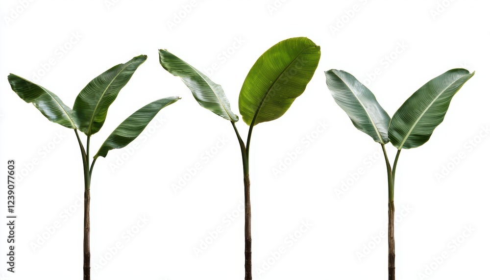 Fototapeta premium Tropical banana trees in varying shapes and sizes, isolated for a clean, natural aesthetic ideal for design and botanical visuals