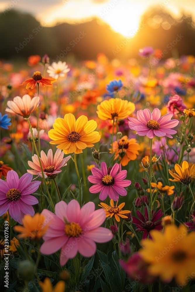 Fototapeta premium Wildflowers in a Sunny Meadow with Golden Hour Lighting and Impressionistic Style