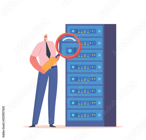 System Administrator Working With Server Rack Cabinets and Computer Datacenter. Sysadmin Male Character with Magnifier