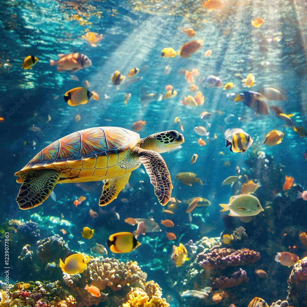 Fototapeta premium Sea turtle swimming gracefully through a vibrant coral reef with sunlight filtering down