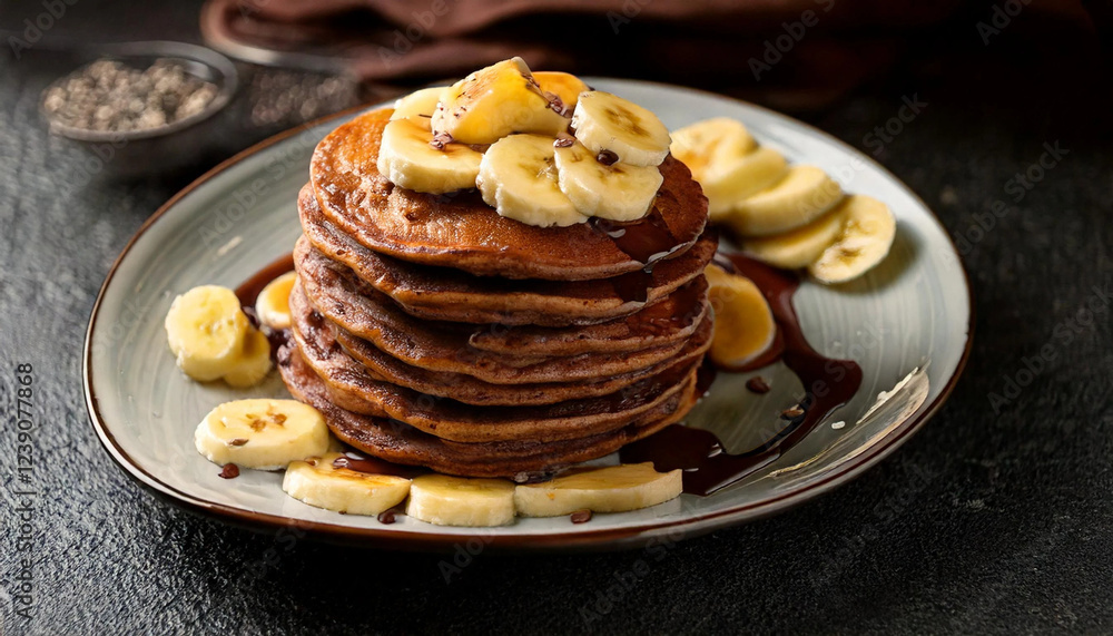 stack of chocolate pancakes with banana
