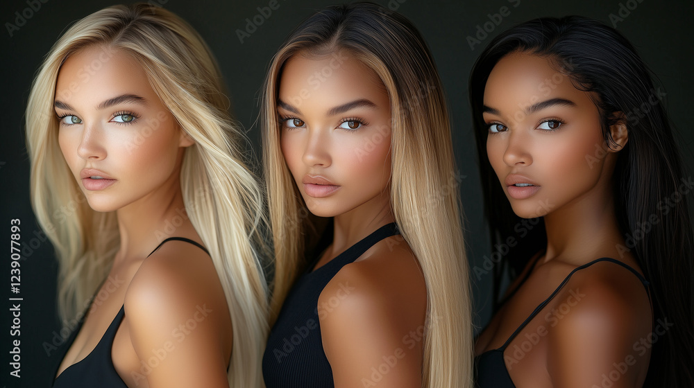 Stunning portrait of three diverse beautiful women with flawless skin, blonde, brunette, and dark hair, wearing black tops, looking directly at the camera, perfect for fashion, beauty, and diversity t Stunning portrait of three diverse beautiful women with flawless skin, blonde, brunette, and dark hair, wearing black tops, looking directly at the camera, perfect for fashion, beauty, and diversity t