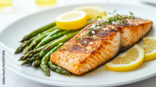 Elegant grilled salmon fillet with a golden crust, served with steamed asparagus and fresh lemon slices. Healthy gourmet dish with natural lighting on a white linen tablecloth.