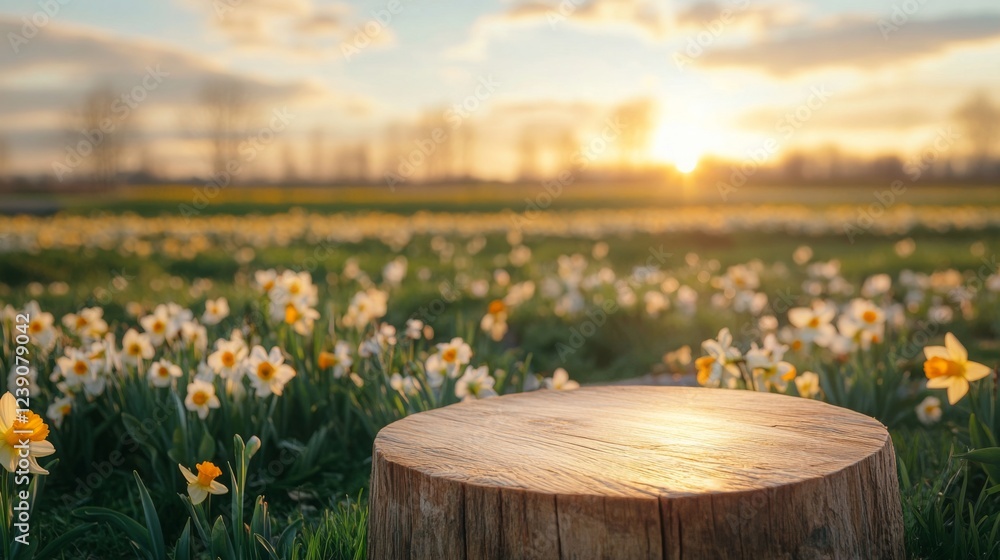 Fototapeta premium A wooden podium stands amidst a field of blooming flowers during spring. The sun sets in the background, casting warm light on the vibrant landscape, creating a peaceful and serene atmosphere.