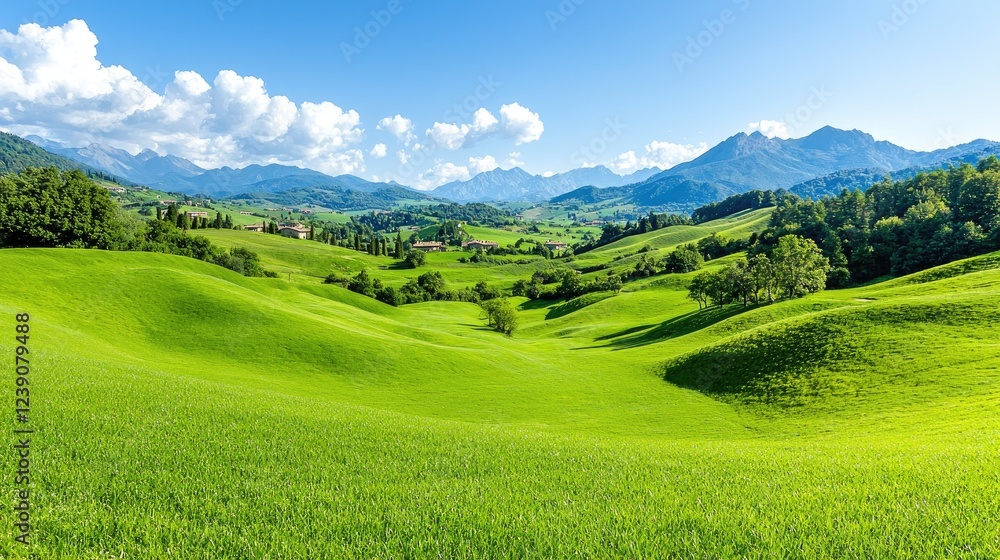 Rolling green hills, mountain valley landscape, summer day, scenic view Rolling green hills, mountain valley landscape, summer day, scenic view