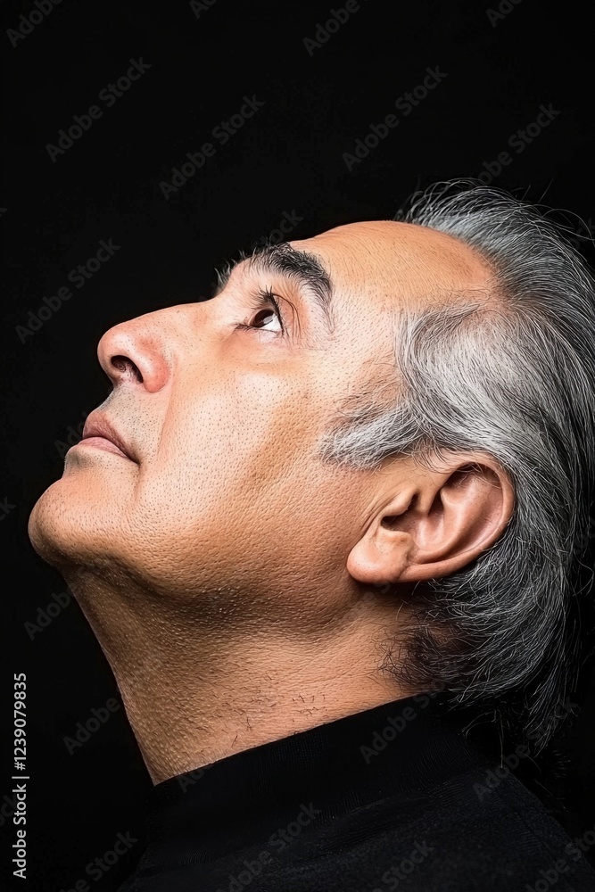 Obraz premium Portrait of a mature man gazing upward, showcasing a strong profile against a dark background
