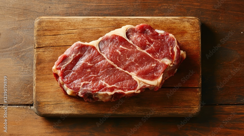 Exquisite raw beef cuts arranged on a rustic wooden platter, highlighting the freshness and quality of the meat, ideal for butchers and culinary artists. Exquisite raw beef cuts arranged on a rustic wooden platter, highlighting the freshness and quality of the meat, ideal for butchers and culinary artists.