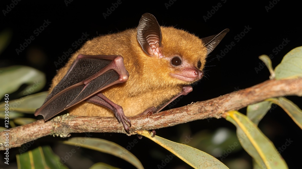 Obraz premium A bat perched on a tree branch, its wings partially folded and glowing faintly under the pale moonlight. The setting evokes the natural habitat of zoonotic carriers and their potential threat 