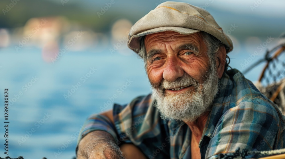 Fototapeta premium Experienced fisherman surrounded by ropes and nets. A compelling image of a maritime worker in a stormy, industrial setting, evoking themes of resilience, struggle, and wisdom. 
