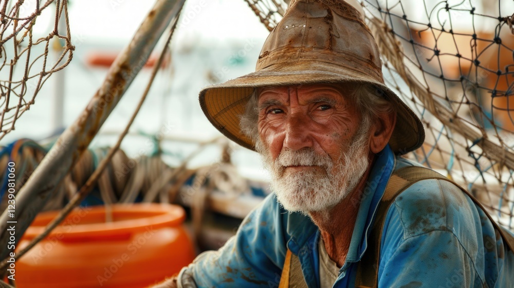 Experienced fisherman surrounded by ropes and nets. A compelling image of a maritime worker in a stormy, industrial setting, evoking themes of resilience, struggle, and wisdom. Experienced fisherman surrounded by ropes and nets. A compelling image of a maritime worker in a stormy, industrial setting, evoking themes of resilience, struggle, and wisdom.