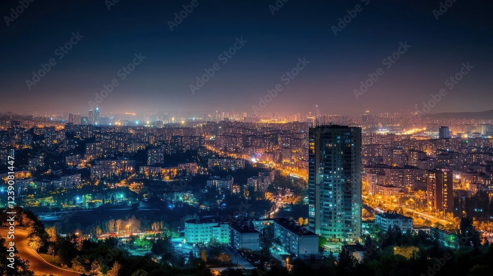 Fototapeta premium Night Cityscape Illuminating Buildings and Streets