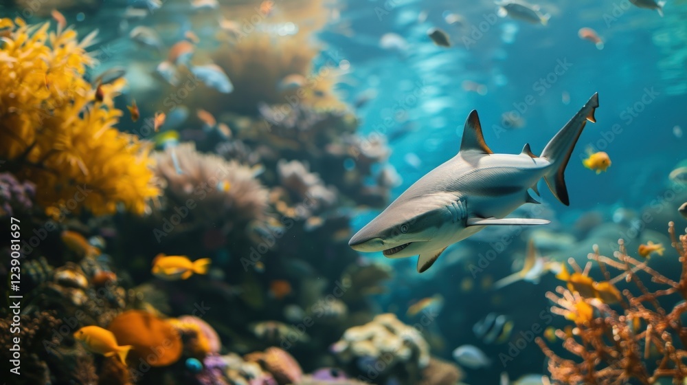 Fototapeta premium Dynamic view of multiple sharks moving through an underwater ecosystem. A thrilling oceanic perspective emphasizing the beauty and danger of marine wildlife, great for travel, nature, and documentary 