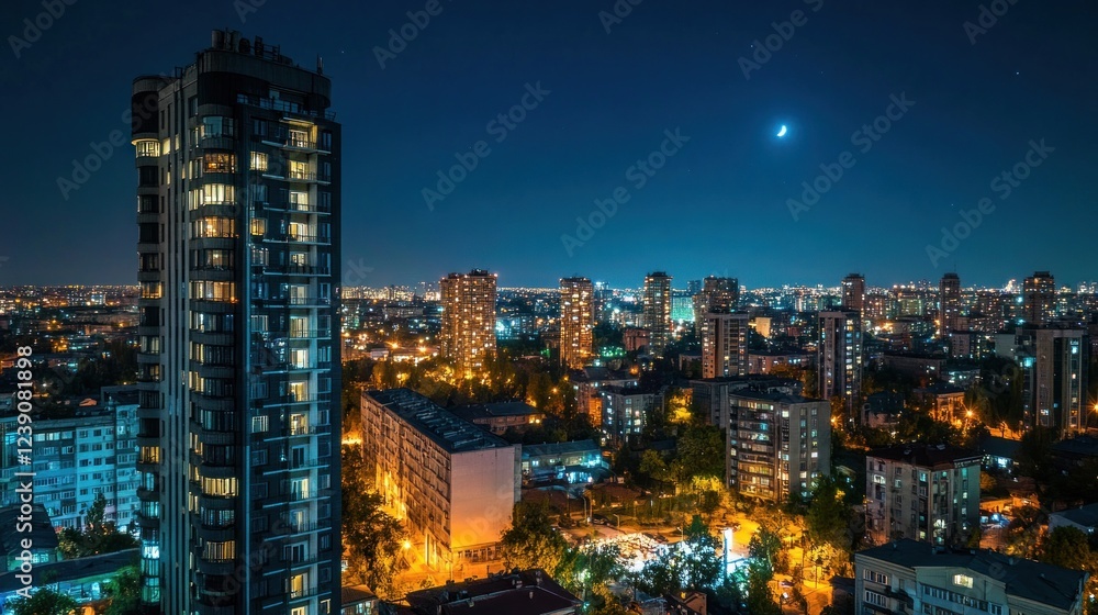 Fototapeta premium Night cityscape illuminated buildings city skyline