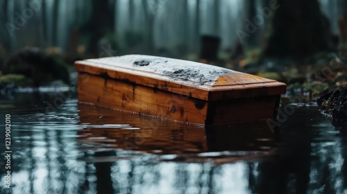 A coffin eerily floats in murky water amid a haunting forest setting, evoking themes of mystery, death, and the unseen, inviting contemplation on mortality and the passage of time. photo