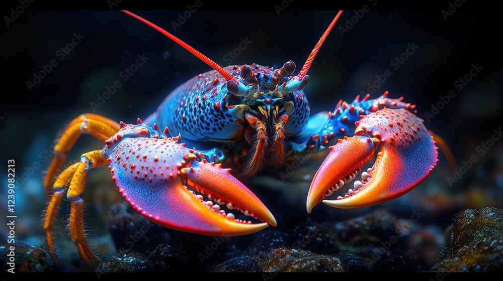 A vibrant underwater scene features a large lobster with prominent claws and long antennae, A vibrant underwater scene features a large lobster with prominent claws and long antennae,