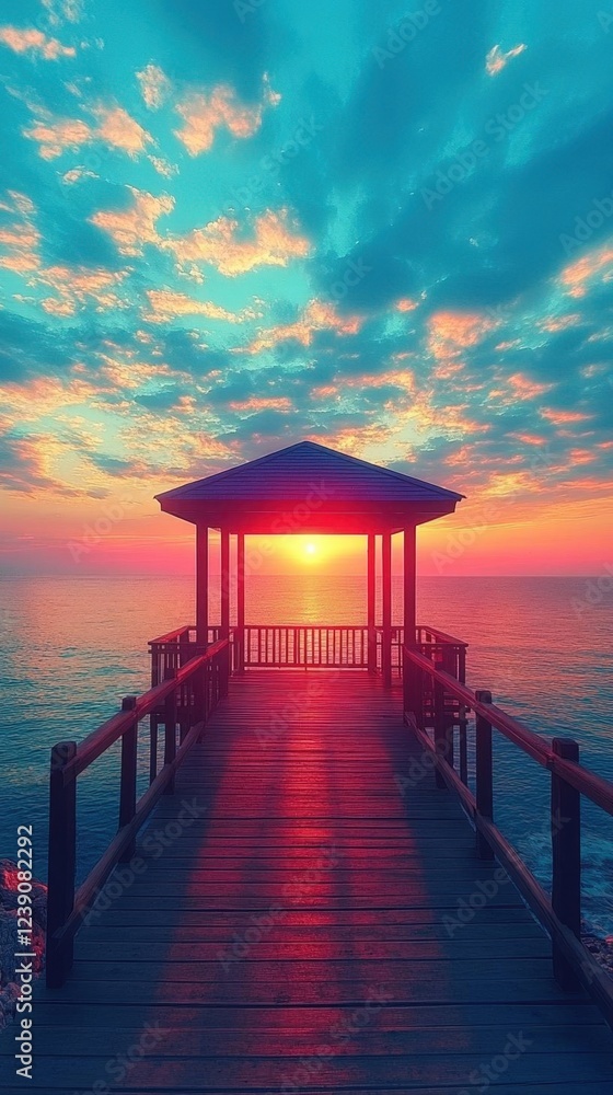 Vibrant Sunset Over Ocean Pier with Gazebo Vibrant Sunset Over Ocean Pier with Gazebo