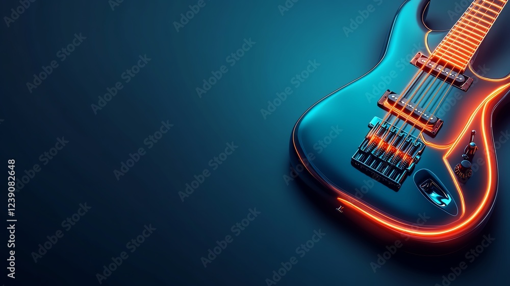 Obraz premium Vibrant electric guitar with neon lights on a dark background, emitting a modern musical vibe.