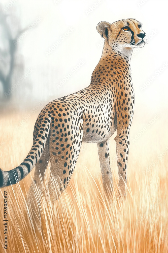 Obraz premium Artistic illustration of a cheetah standing in tall grass with a soft background.