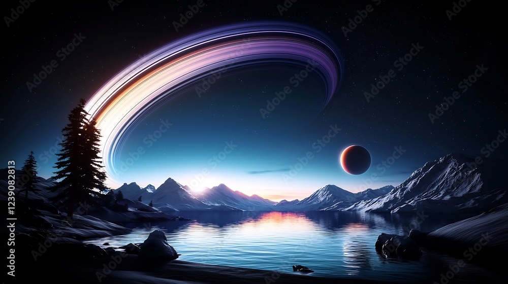 Fototapeta premium Stunning cosmic landscape featuring a vibrant ringed planet over a serene lake at twilight