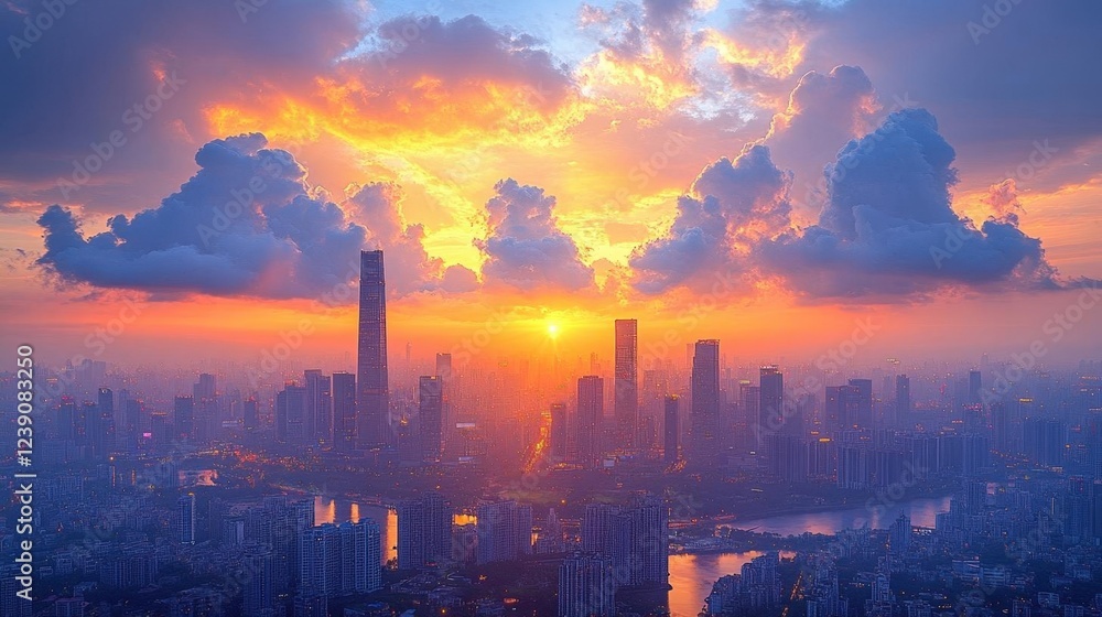 Vibrant Sunset Over a Modern Asian City Skyline Vibrant Sunset Over a Modern Asian City Skyline
